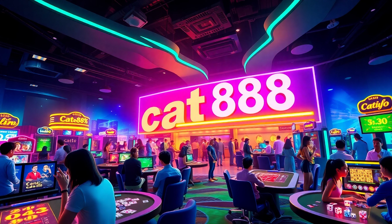 Experience the lively atmosphere of cat888 with vibrant casino scenes and exciting online gaming.