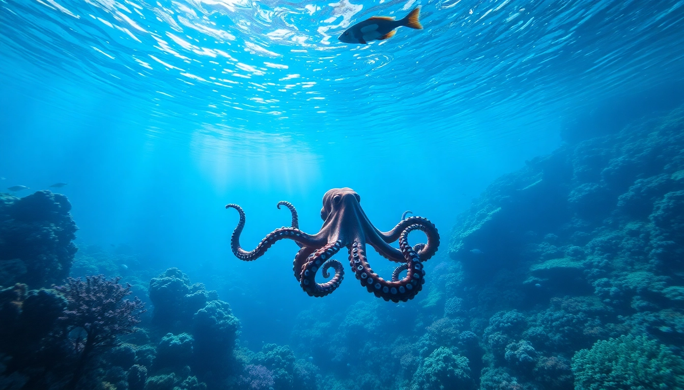 Discover the vibrant world of marine88 featuring a majestic octopus swimming through vivid coral reefs.