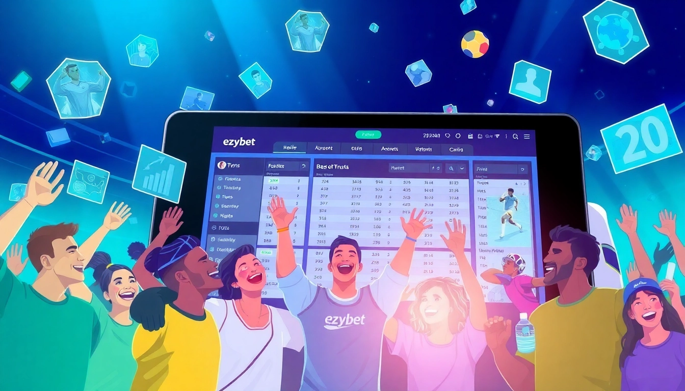 Excited individuals engaging in ezybet sports betting on a high-tech tablet.