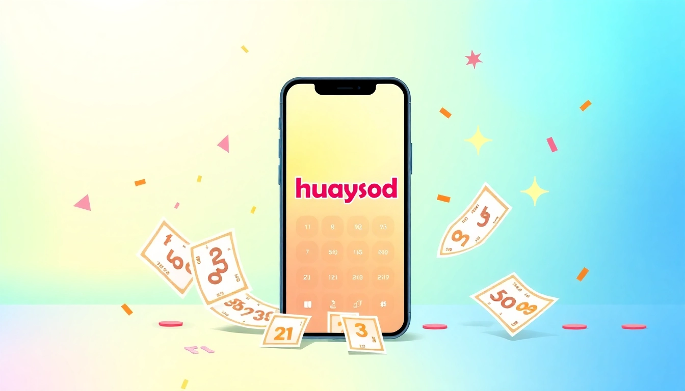 Explore the huaysod platform featuring a vibrant lottery app interface and colorful tickets.