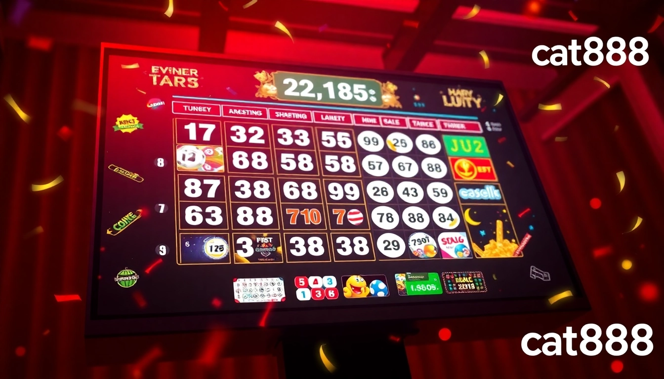 Experience the excitement of lottery luck with cat888's engaging digital platform, featuring vibrant visuals and lottery numbers.