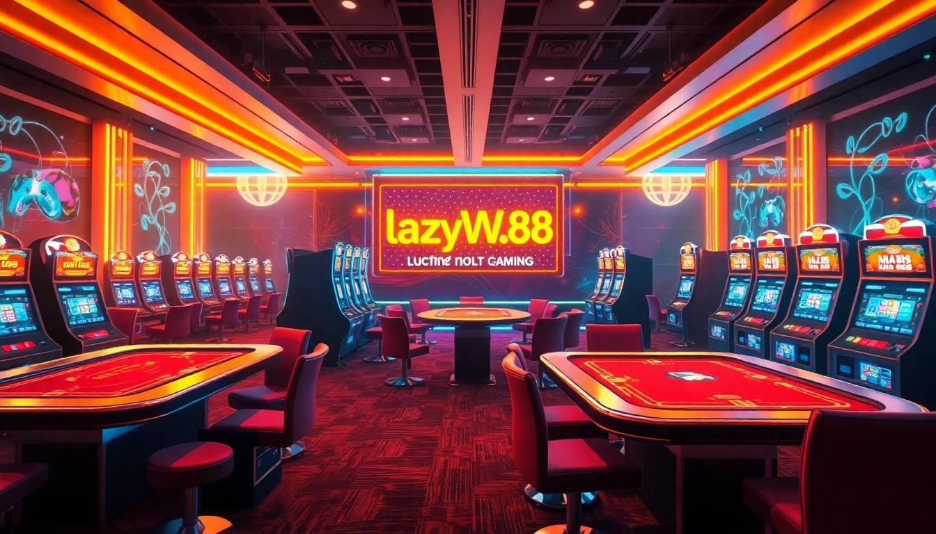 Enjoy exhilarating gaming experiences with lazywin888’s vibrant casino environment featuring high-tech gaming tables and slot machines.