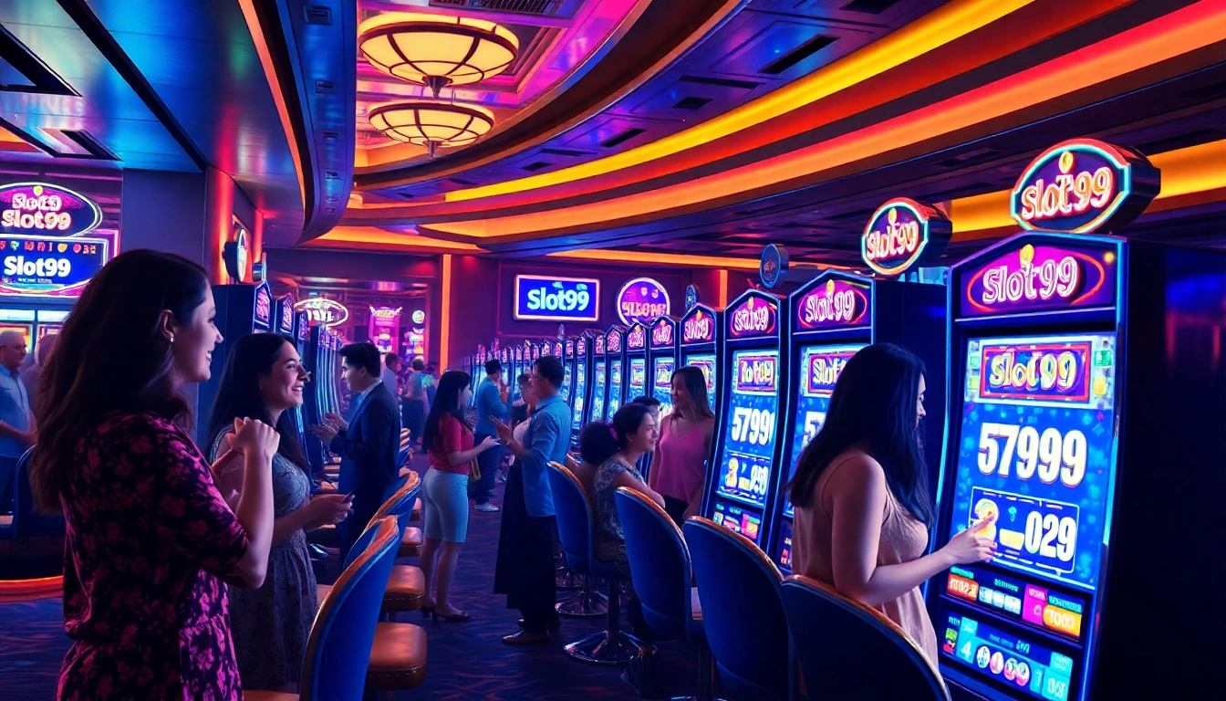 Players enjoying the vibrant slot99 machines in a lively casino setting, capturing the thrill of online gaming.