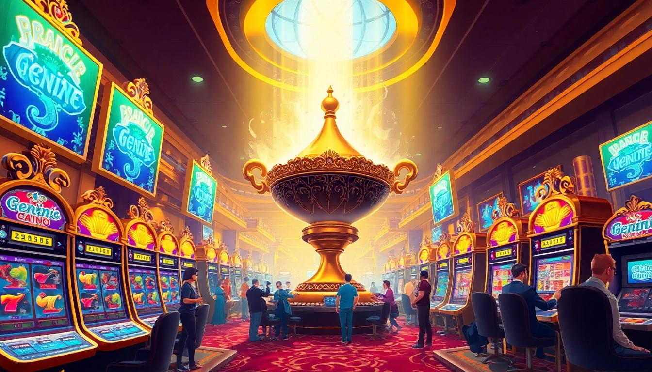 Experience the magic of genie168 with a vibrant casino scene featuring a mystical genie and engaging games.