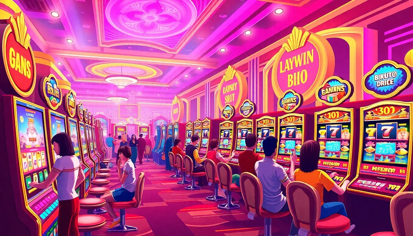 Experience the excitement of lazywin888 with colorful gaming graphics, engaging players, and vibrant casino lights.