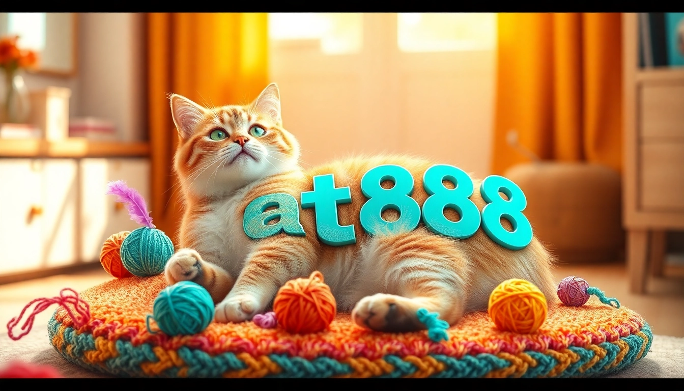 Playful cat named "Cat888" lounging on a colorful scratch pad with toys.