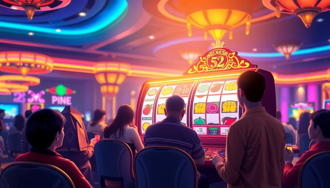 Discover the excitement of สล็อตเว็บตรง through an immersive online casino scene with vibrant slot machines and joyful players.