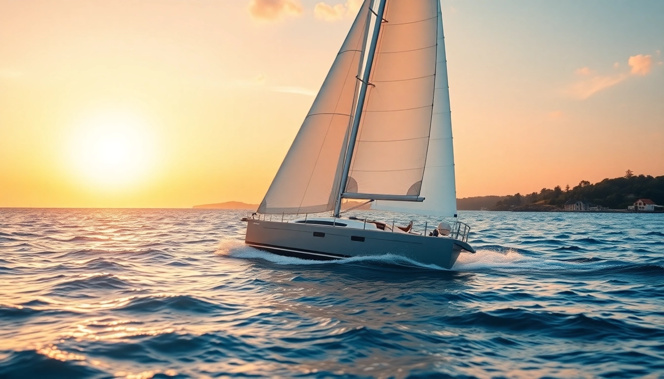 Experience the j88 sailboat cutting through serene waters at sunset with vibrant colors.