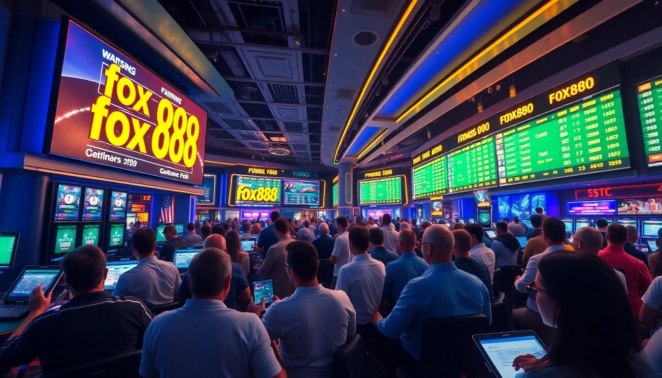 Enthusiastic bettors enjoying the fox888 sports betting experience in a vibrant casino atmosphere.