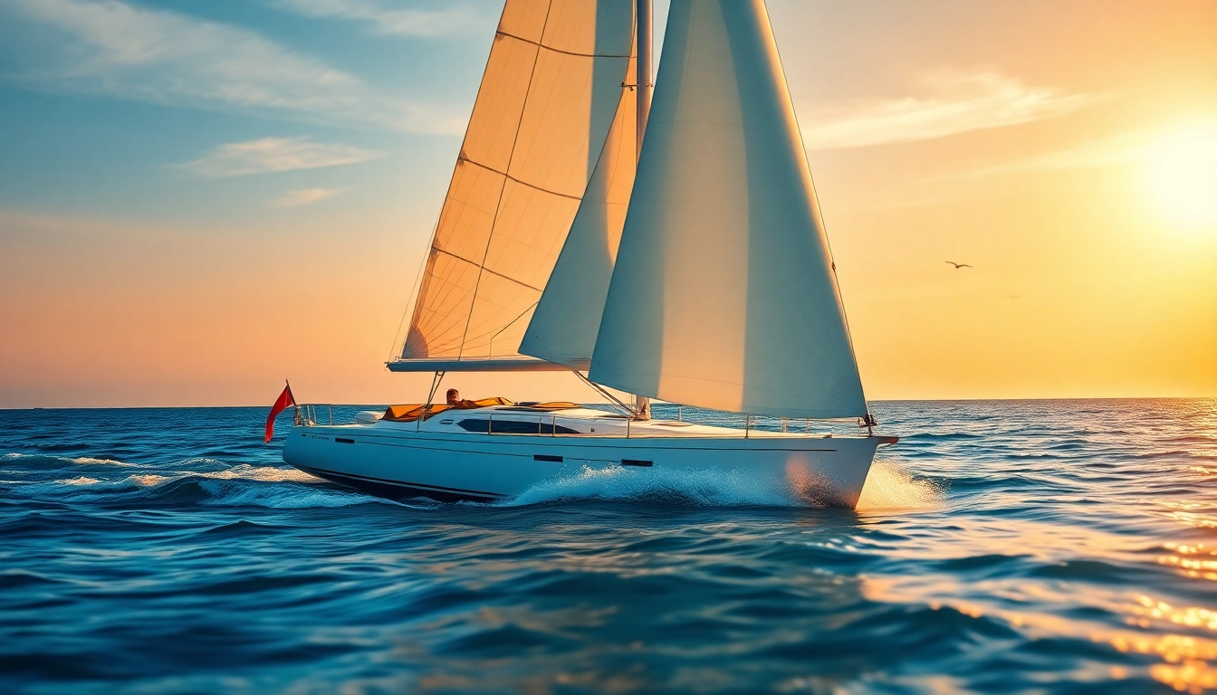 J88 sailboat sailing swiftly across the serene ocean at sunset.