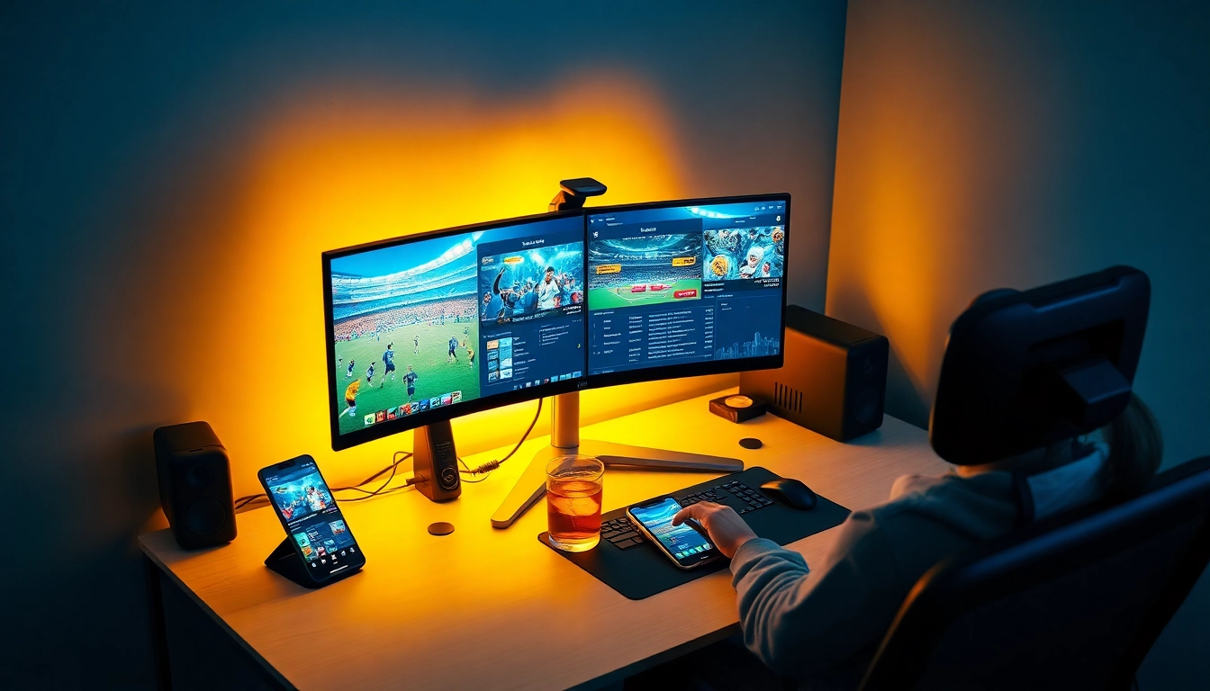 Person engaged in online sports betting on https://m88lu.io/ with vibrant graphics on dual screens.