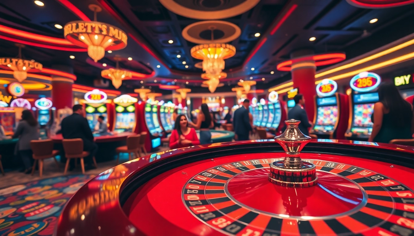 Experience thrilling bets at trang nhà cái uy tín with vibrant casino tables and joyous players interacting with slot machines.