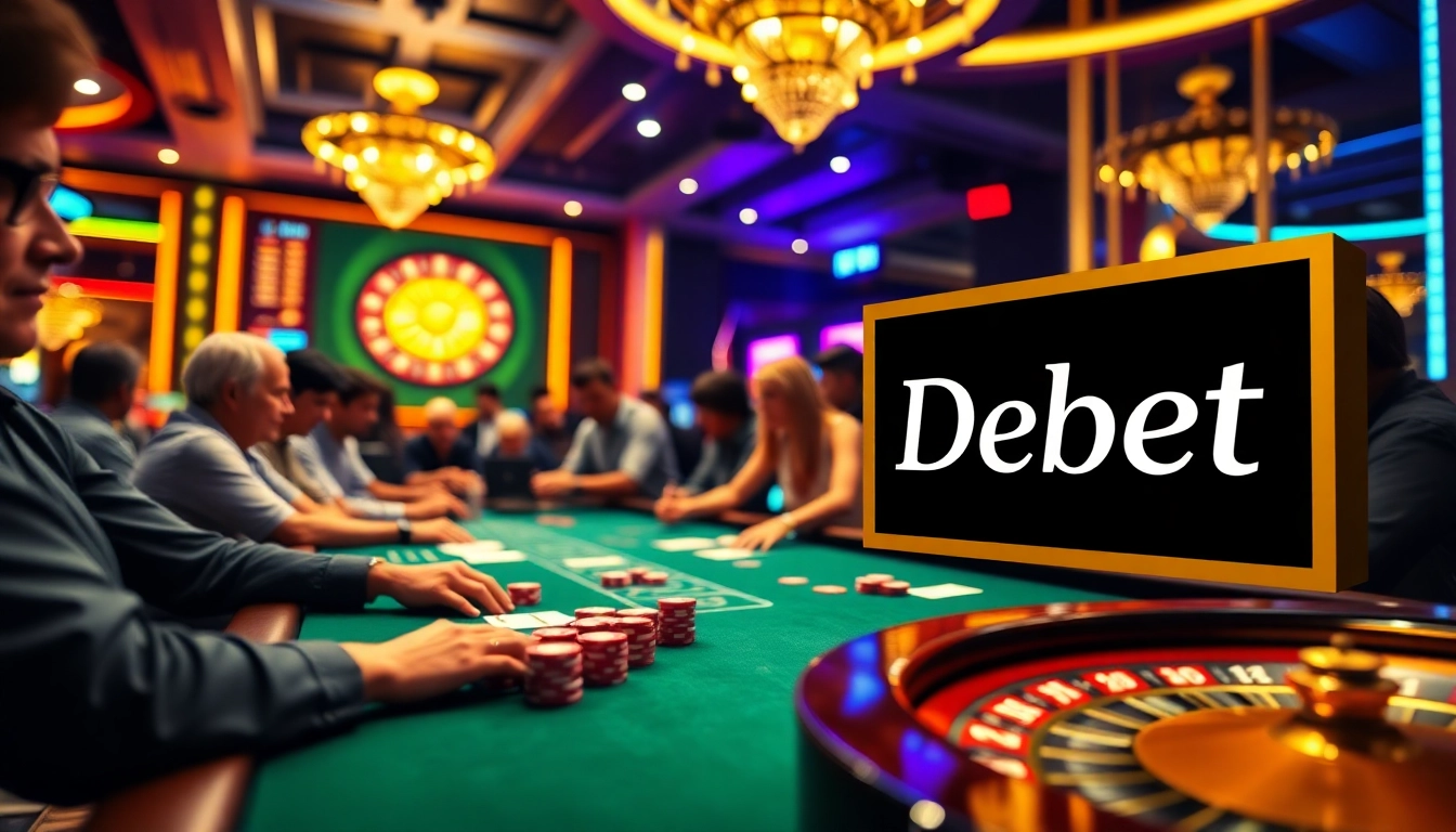 Debet casino scene featuring players at a lively poker table, capturing the essence of high-stakes gambling.