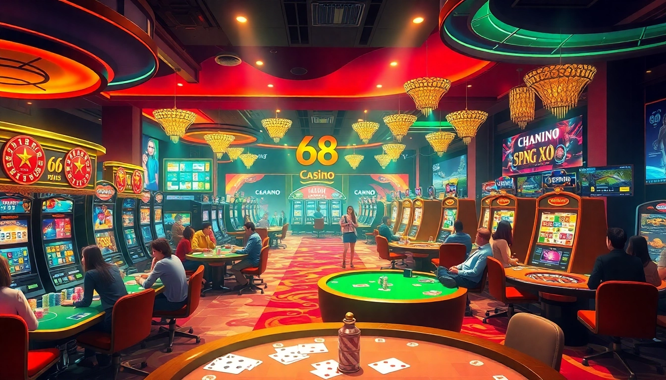 Experience the thrill of cổng 68 game bài with vibrant casino settings, featuring poker tables and slot machines crowded with eager players.