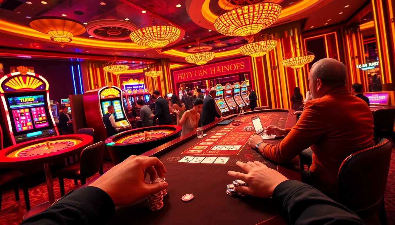 Discover the excitement of Link vào 123B at a vibrant casino, featuring players enjoying roulette and poker games.