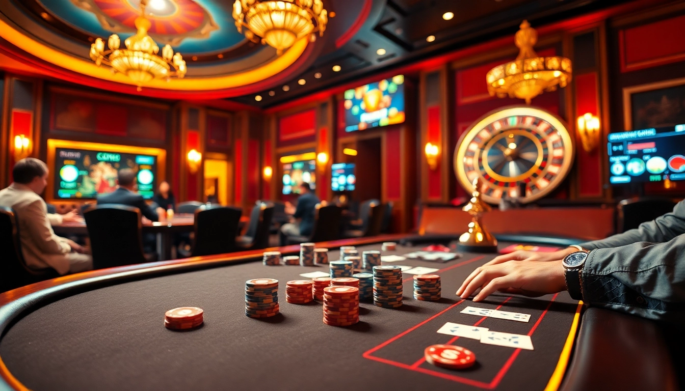 Engage in high-stakes action at a Nhà cái uy tín poker table featuring chips and cards.
