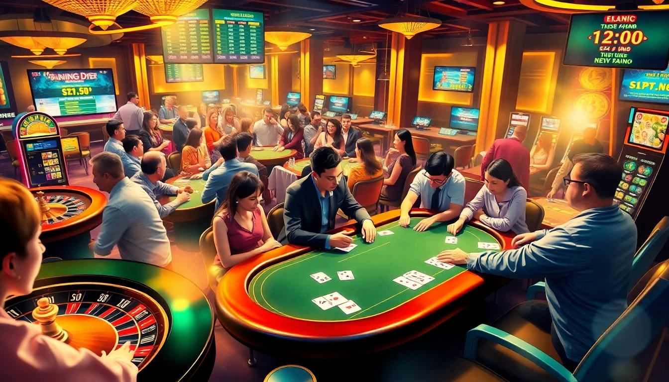 Exciting casino atmosphere at Trang chủ 123B with vibrant tables and players engaging in various games.