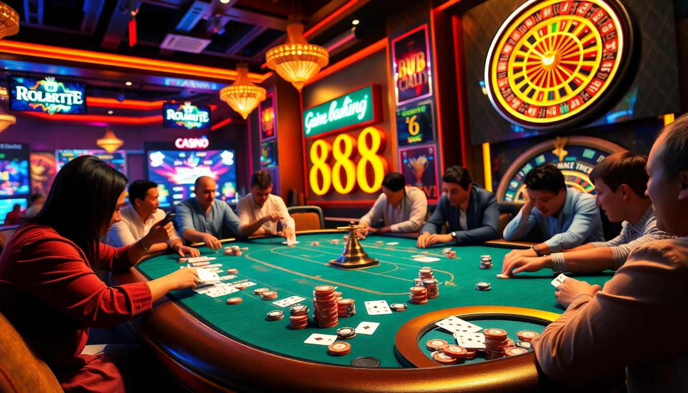 The cổng 68 game bài showcases players at a poker table surrounded by vibrant casino chips and cards, capturing an exciting gambling atmosphere.