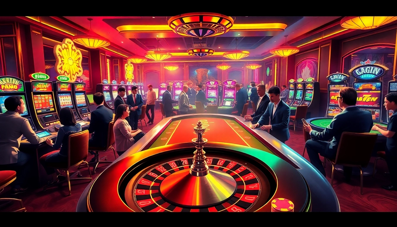 Exciting kèo nhà cái action with players around a poker table in a glamorous casino.