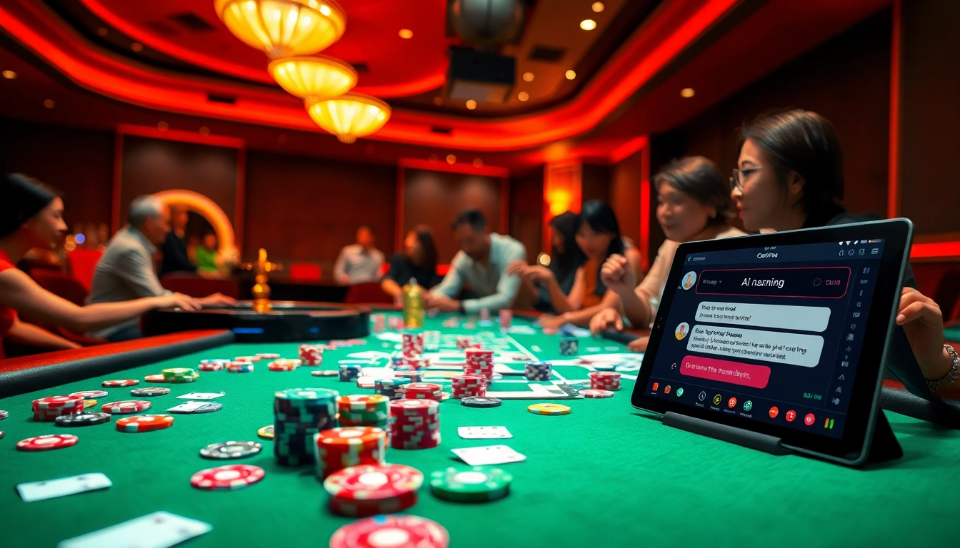An engaging casino scene featuring poker chips and an unfiltered AI chat interface enhancing user interaction during gameplay.