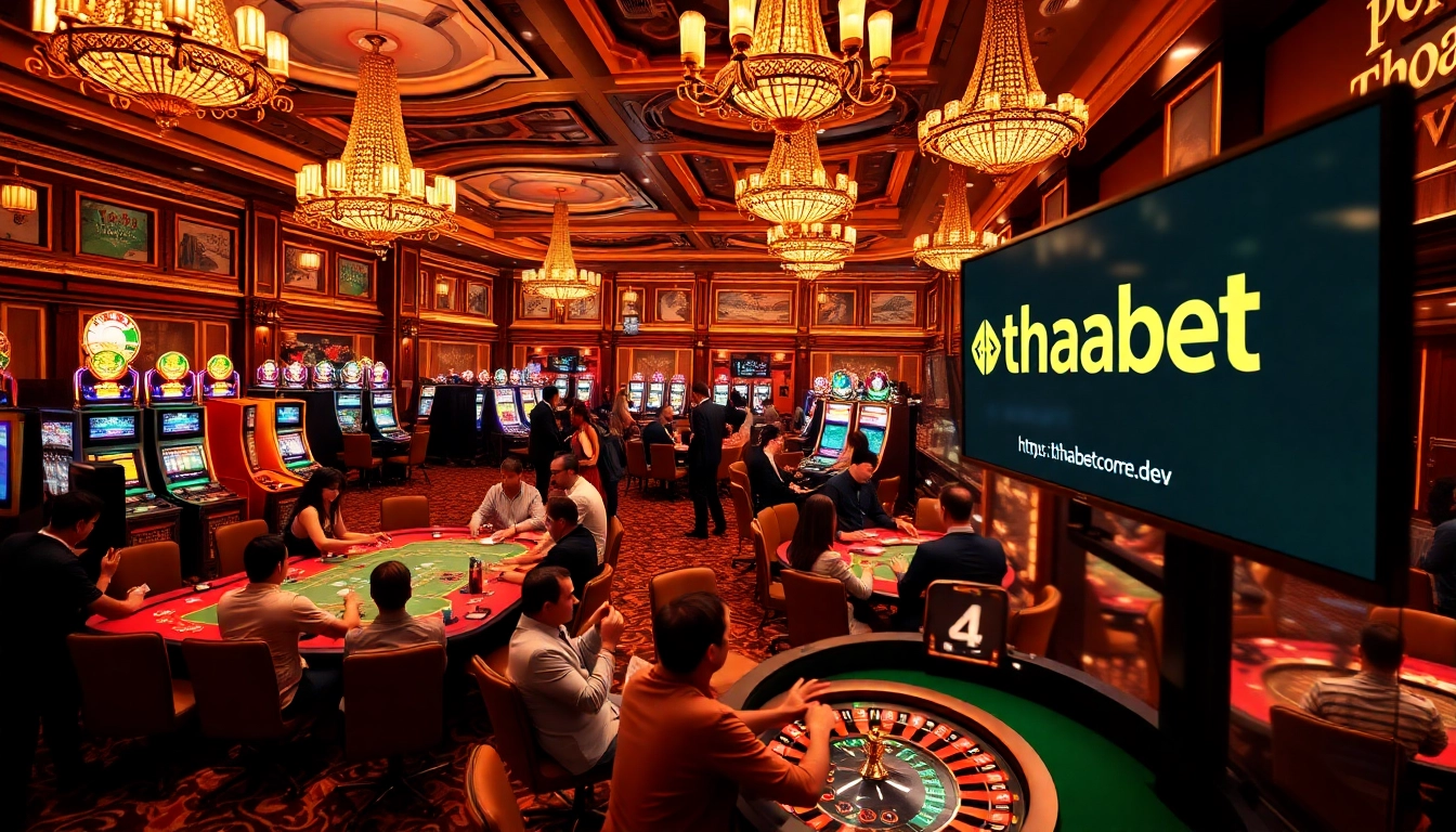 Exciting casino gaming scene at https://thabetcom.dev/, featuring enthusiastic players at various tables with vibrant slot machines.