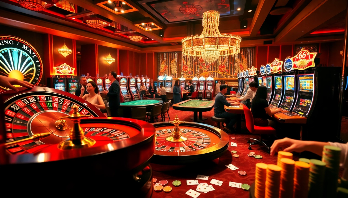 Cổng 68 game bài brings the excitement of online gambling with vibrant casino scenes featuring tables of cards and lively players.