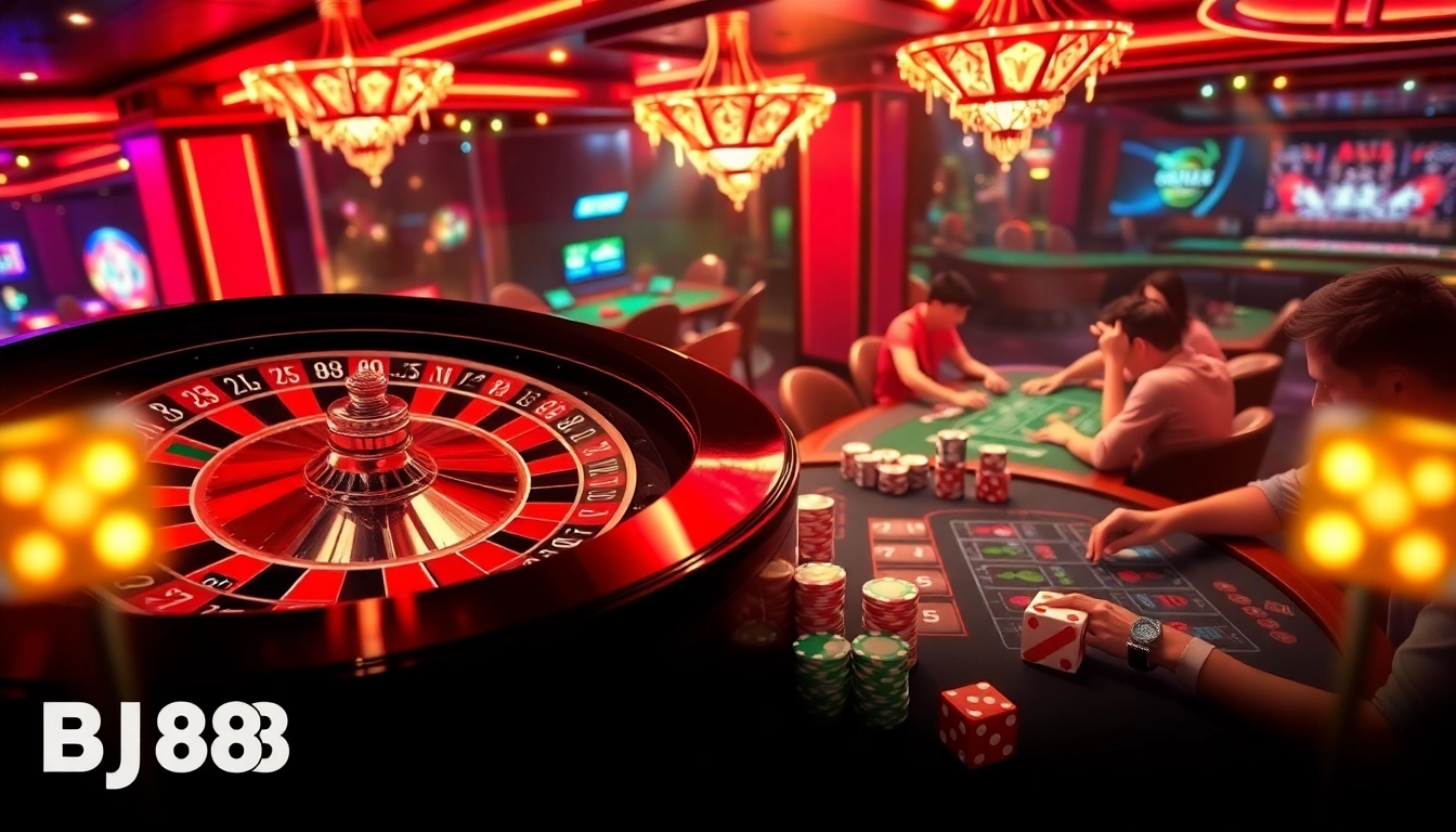 Experience high stakes at BJ 88 with players placing bets at a blackjack table amid a dazzling casino atmosphere.
