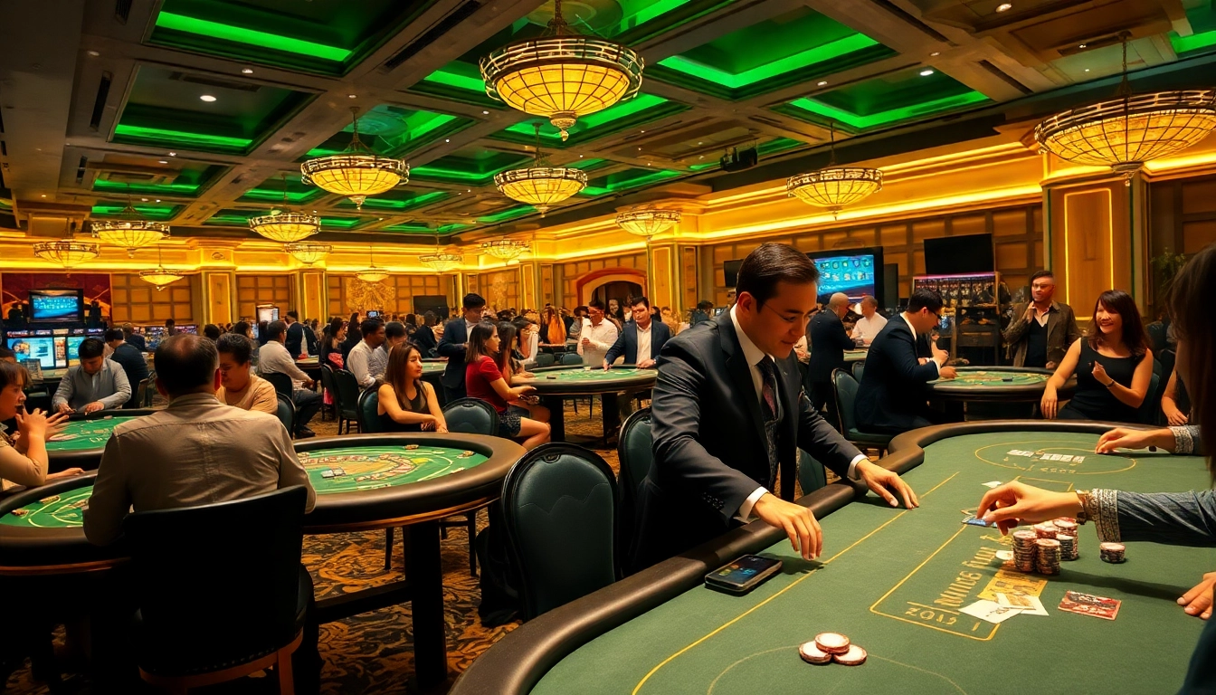Exciting game bài đổi thưởng scene featuring players at vibrant casino tables engaged in thrilling card games.