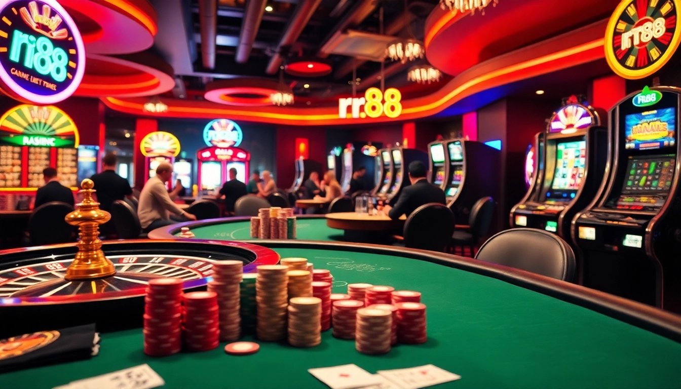 The rr88 link engages players in a vibrant casino scene with poker tables, roulette wheels, and colorful slot machines.