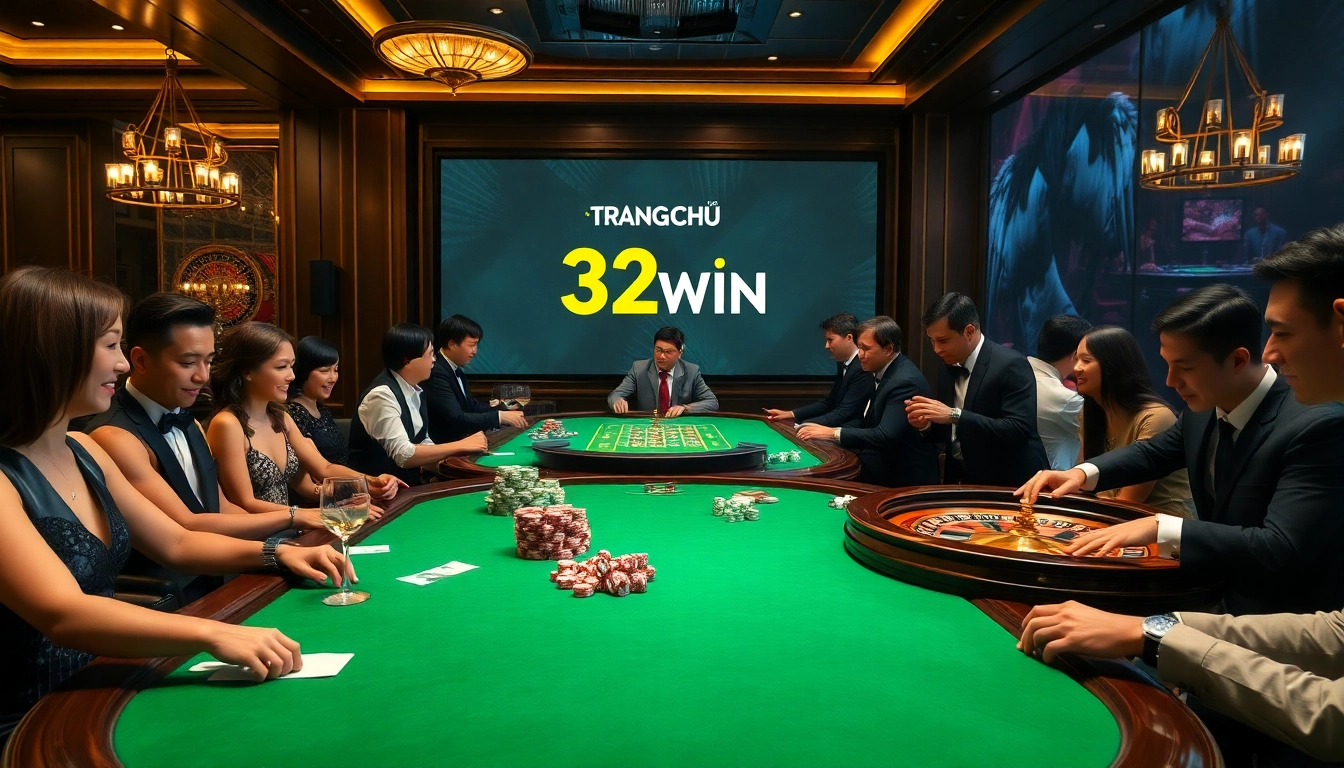 Experience the TRANG CHỦ 32WIN casino vibe with exciting gaming tables, players, and chips.