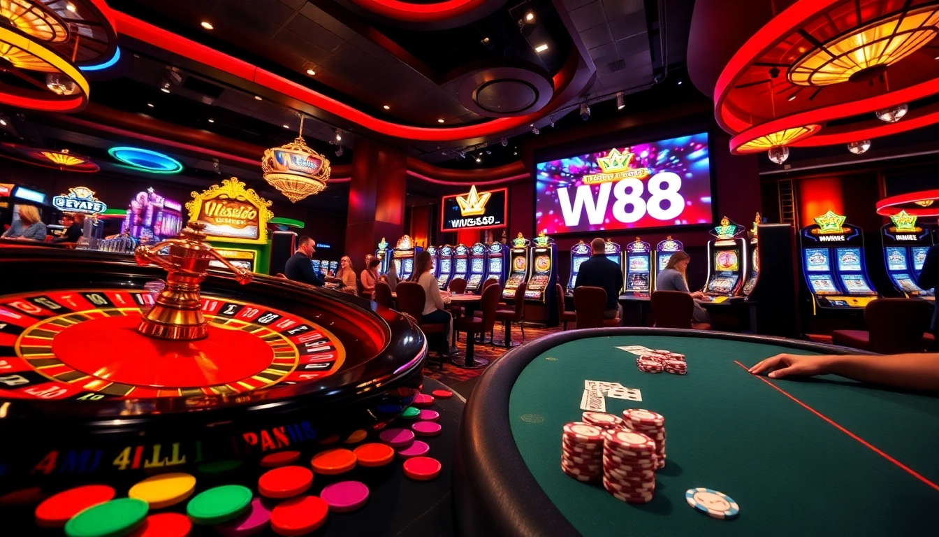 WW88 casino scene featuring players betting at vibrant roulette, poker tables, and slot machines in a lively atmosphere.