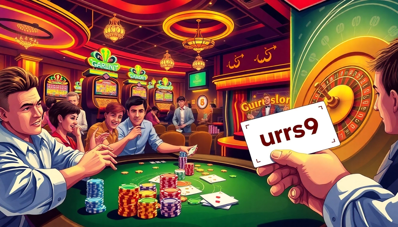 A lively casino scene with players at a poker table, showcasing the excitement of wagering and strategy with urus9 slips visible.