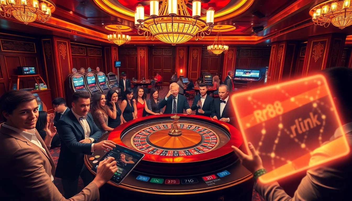 Experience the thrilling atmosphere of a casino with a vibrant roulette table and the rr88 link glowing on a tablet.