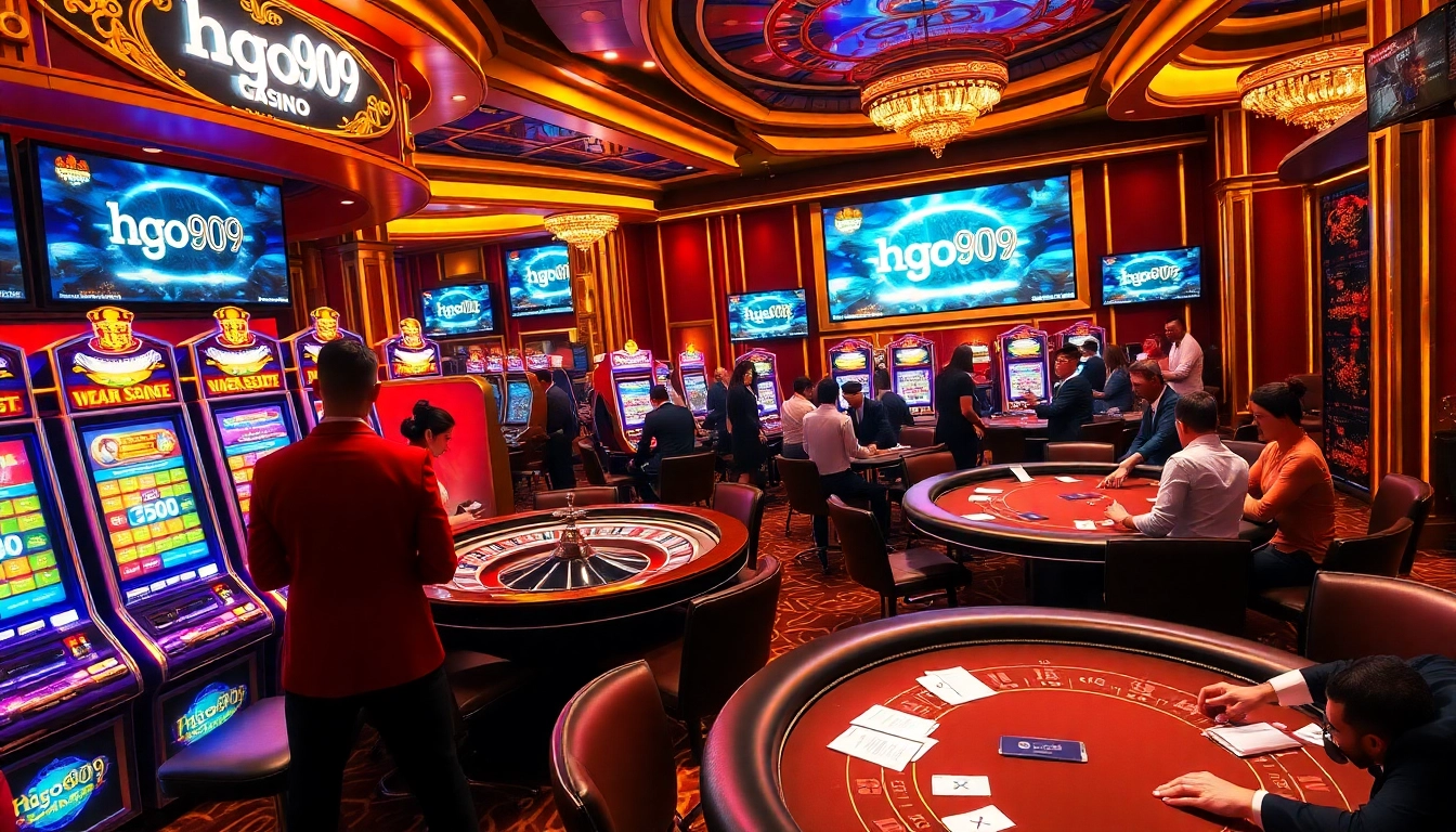 Experience the thrill of hgo909 in a vibrant casino setting with players at slot machines and poker tables.