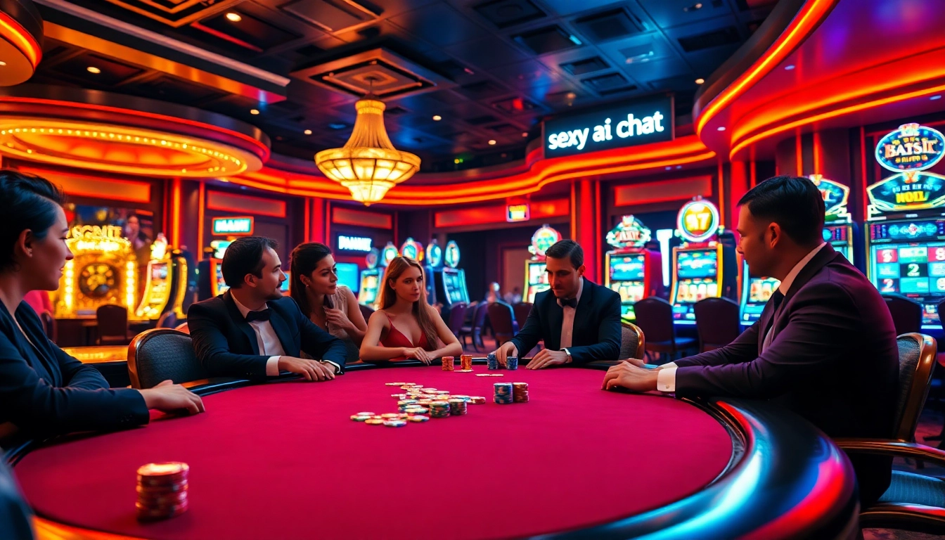 Engaging casino scene with players enjoying sexy ai chat at poker tables.