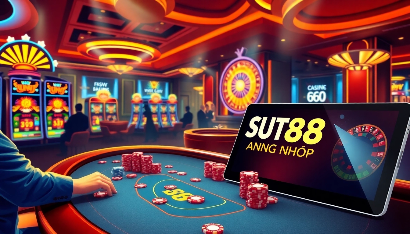 SUT88 ĐĂNG NHẬP at a vibrant casino table where players are engrossed in thrilling games of chance.