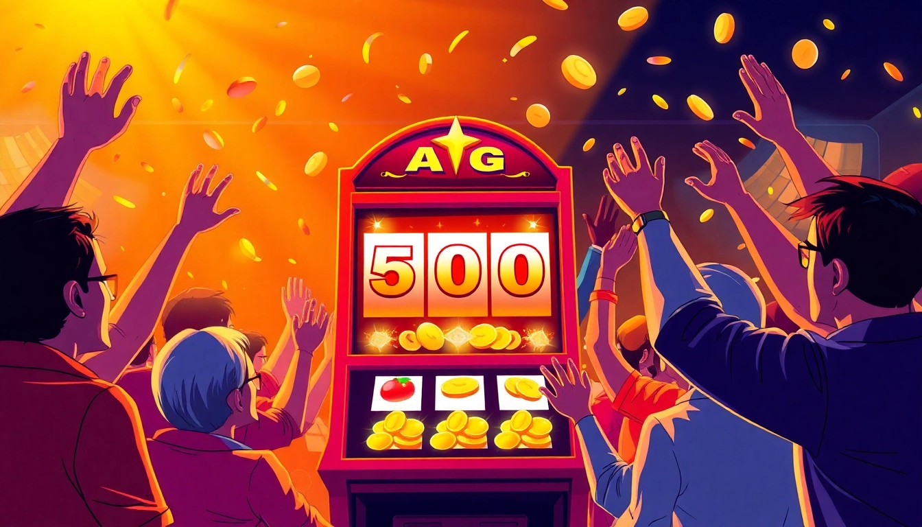 Players celebrating a jackpot win on a vivid slot gacor machine with coins and confetti.