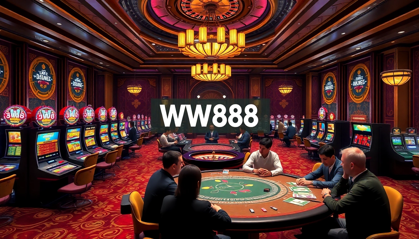 Experience the thrilling atmosphere of trang chủ WW88 at a luxury casino, featuring vibrant poker games and roulette wheels.